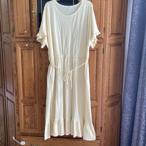 Yellow Striped Knit Dolman Sleeve Casual Modest Summer Midi Dress with belt - Picture 2 of 8